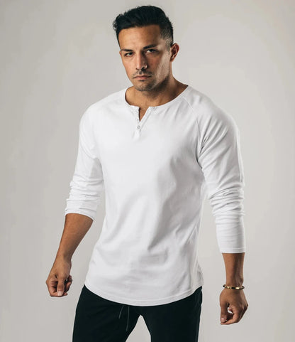 Men Muscle Shirt Long Sleeve T-shirt Solid Vintage Henley Shirts Sports Fitness Casual Cotton Stretch Thin V-neck Tee