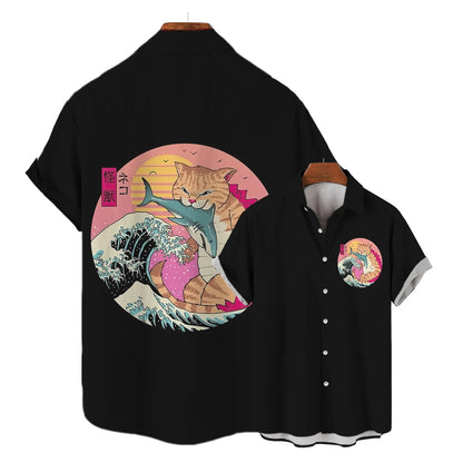 Casual Hawaiian Shirt Man Japanese Bushido 3d Pattern Shirt Men's Shirts Cartoon Animal Cat 3d Printing Men's Shirt Men Clothing