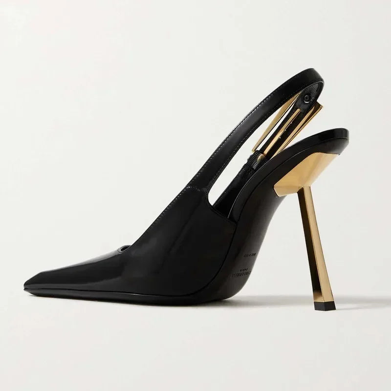 Elegant Fashionable Black Pointed Toe Thin Heel Single Shoes Patent Leather Buckle High Heels Stylish Luxurious