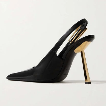 Elegant Fashionable Black Pointed Toe Thin Heel Single Shoes Patent Leather Buckle High Heels Stylish Luxurious