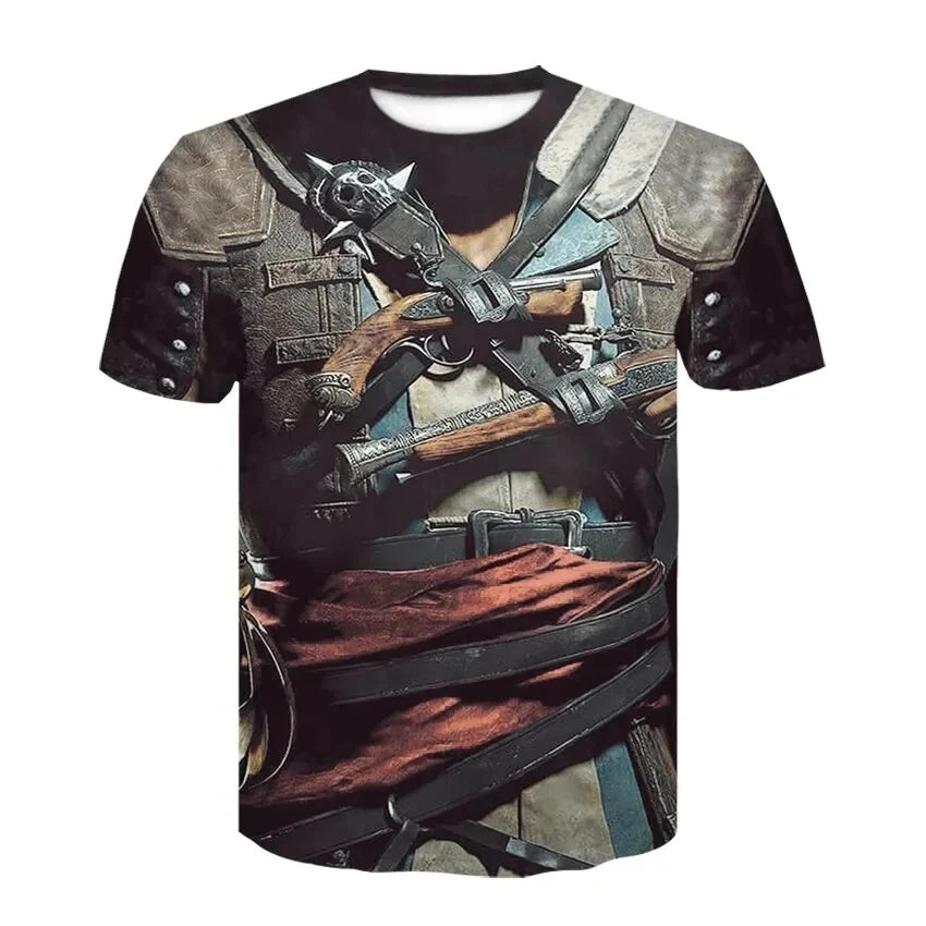 Fun Cosplay 3D Printed Armor Jacket For Men Personality Street Hip Hop Crew Neck Short Sleeve Avant-garde Cowboy Warrior T-shirt