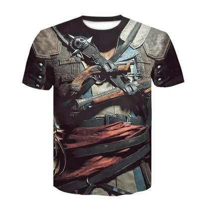 Fun Cosplay 3D Printed Armor Jacket For Men Personality Street Hip Hop Crew Neck Short Sleeve Avant-garde Cowboy Warrior T-shirt