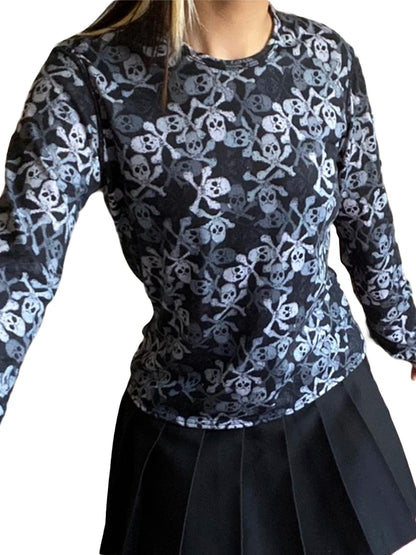 Women s Vintage Gothic Skull Print Long Sleeve Round Neck  Fit T-Shirts Streetwear Blouses with a Dark Twist