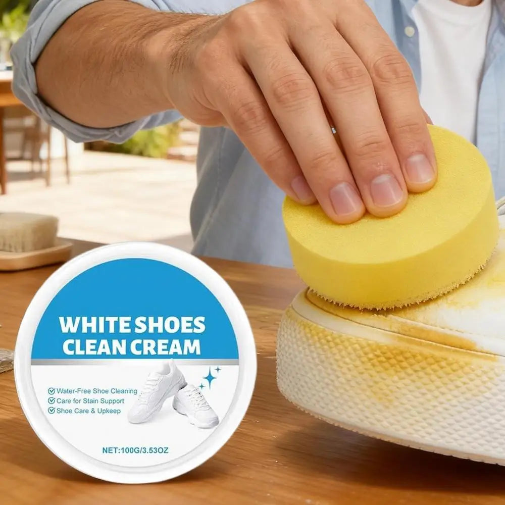 100g White Shoe Cleaner Cream Anti-Yellowing Stain Remover with Sponge Leather Mesh Rubber Canvas Cleaning Kit for Boots Shoes