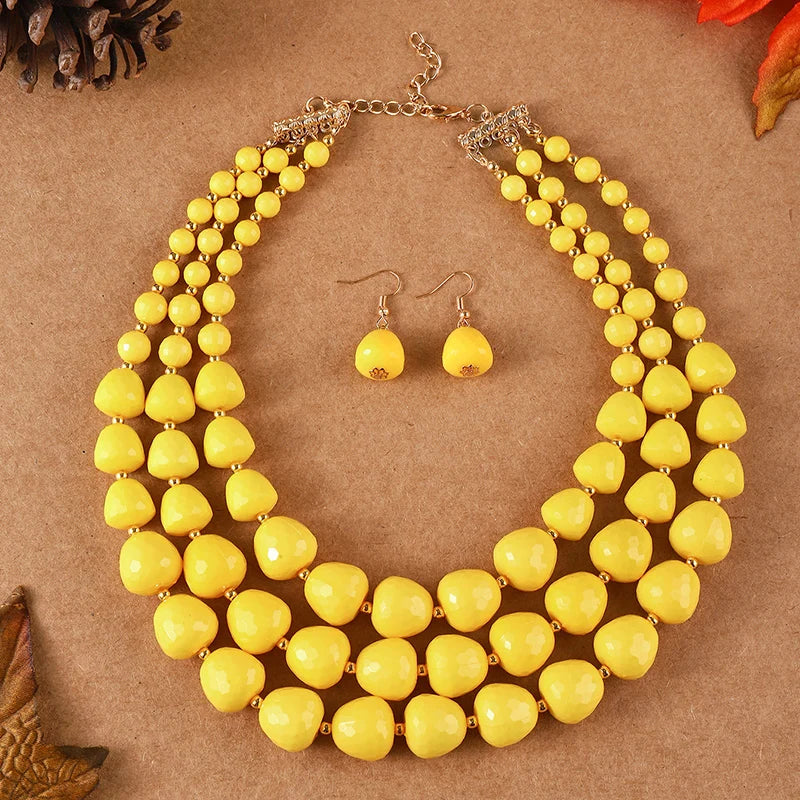 Three Layer Necklace Jewelry Set Party Wedding Bib Beads Necklace Earrings For Women Choker African Necklace Earrings Sets