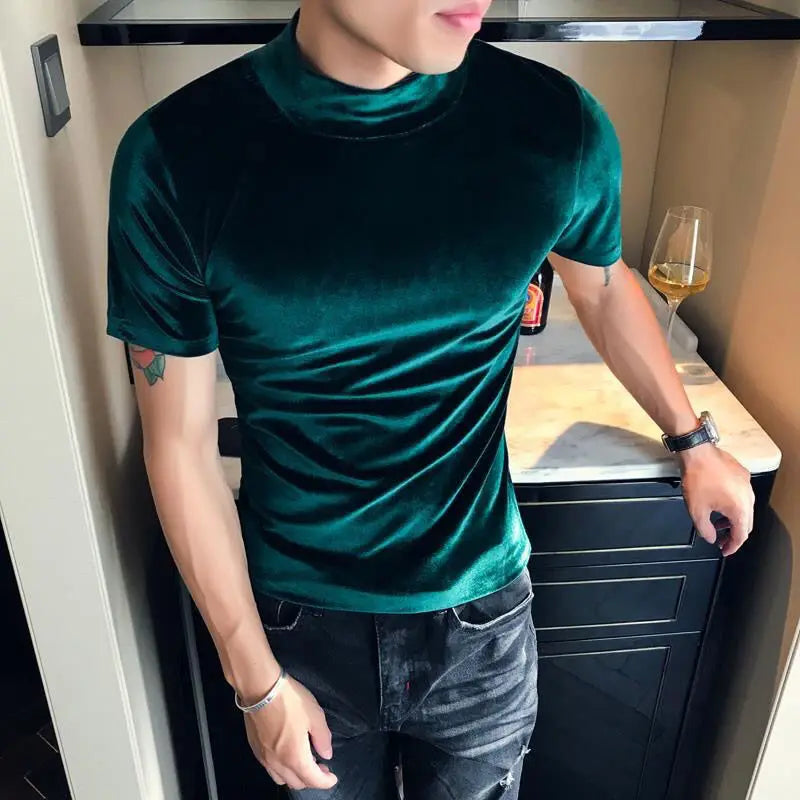 Fashion Men's Autumn Winter Luxury Clothing Heat Keep Warm Casual T-Shirt Mock Neck Tops Stripe Long Sleeve Gold Velvet T-Shirts