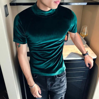 Fashion Men's Autumn Winter Luxury Clothing Heat Keep Warm Casual T-Shirt Mock Neck Tops Stripe Long Sleeve Gold Velvet T-Shirts