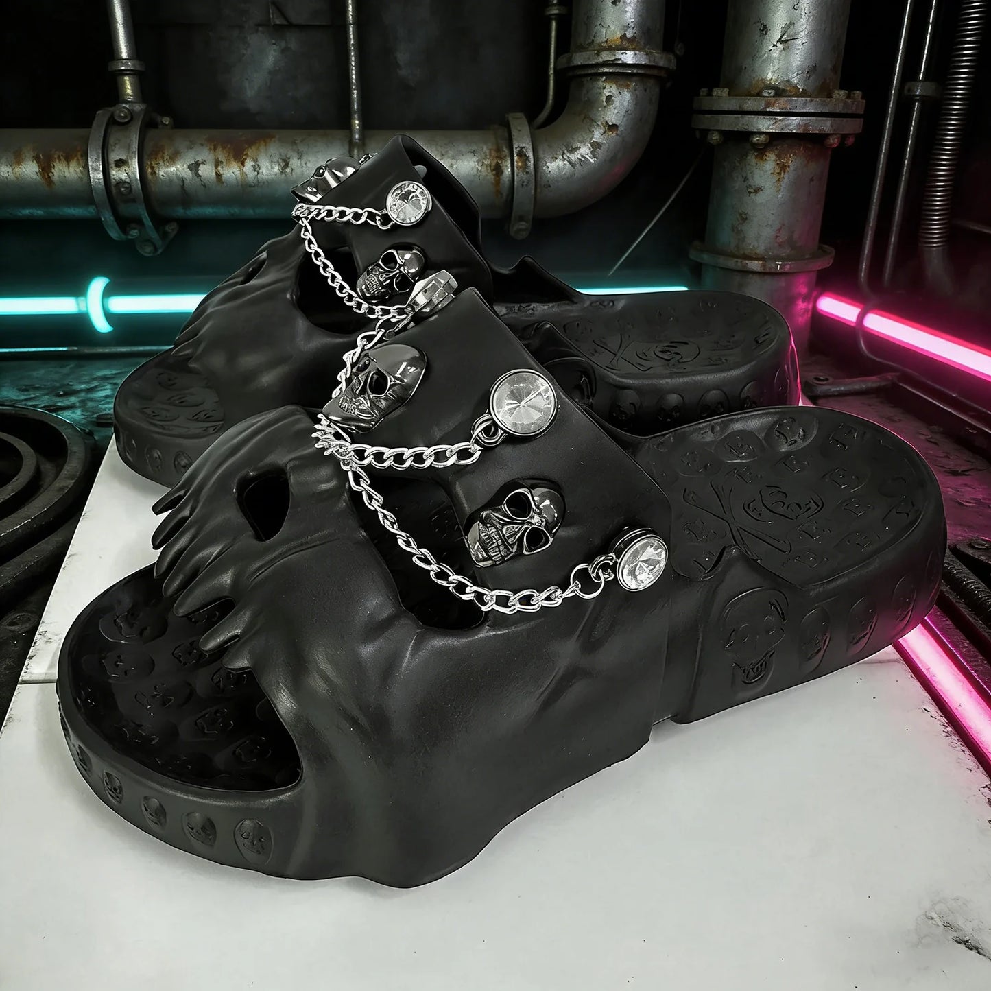 Punk Metal Skull Slippers Summer Men Slippers Novelty Outdoor Clogs Beach Sandals Non-slip Indoor Home Slides Couples Shoes 47