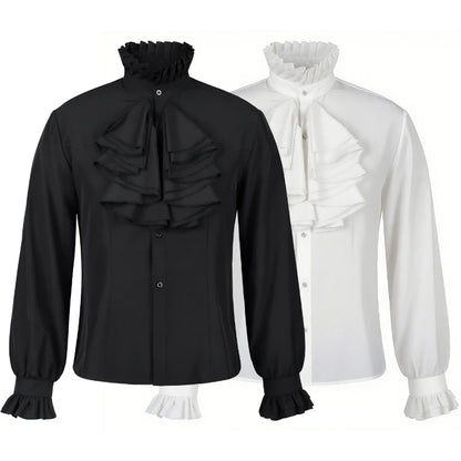 2026 Black&White Vintage Court-Style Stand Collar Ruffled Shirts for Men,Gothic Pleated Cuffs Glamorous Pirate-Style Men's Shirt