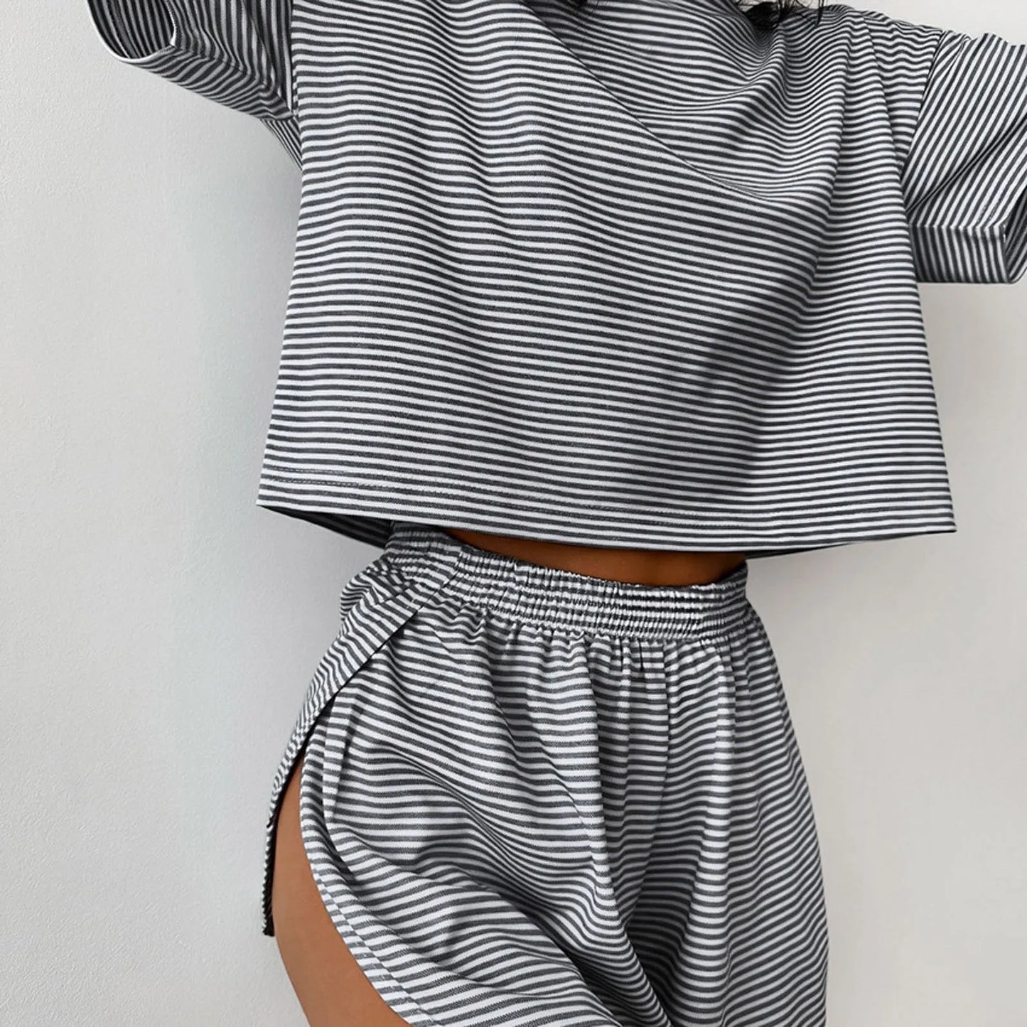 Women'S Stripe Pajamas Set Short Sleeve T-Shirt And Shorts Sleepwear 2 Piece Set For Women Home Casual Loose Round Neck Pajamas