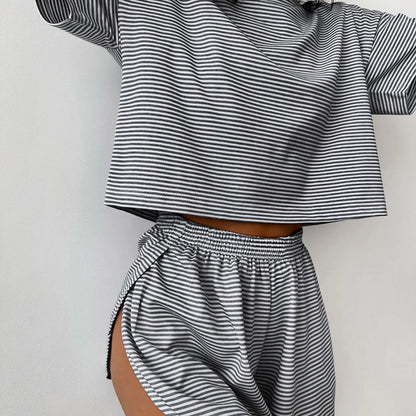 Women'S Stripe Pajamas Set Short Sleeve T-Shirt And Shorts Sleepwear 2 Piece Set For Women Home Casual Loose Round Neck Pajamas