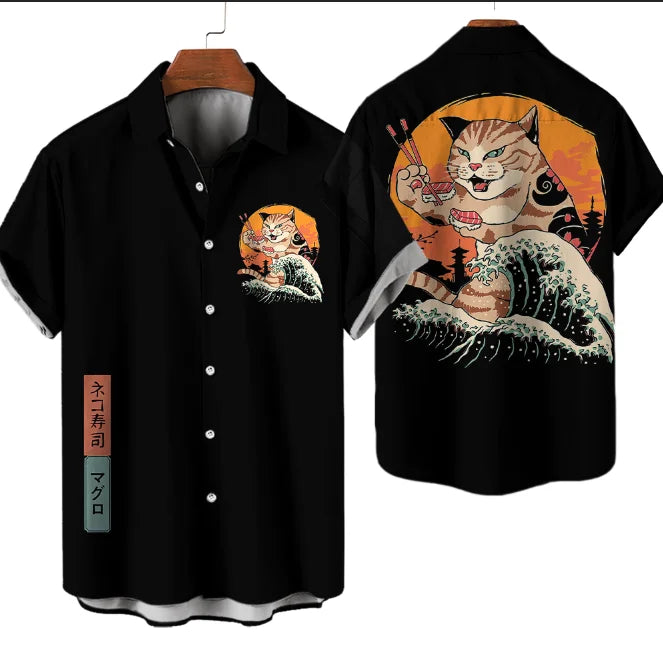 Casual Hawaiian Shirt Man Japanese Bushido 3d Pattern Shirt Men's Shirts Cartoon Animal Cat 3d Printing Men's Shirt Men Clothing