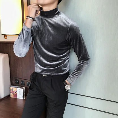 Fashion Men's Autumn Winter Luxury Clothing Heat Keep Warm Casual T-Shirt Mock Neck Tops Stripe Long Sleeve Gold Velvet T-Shirts