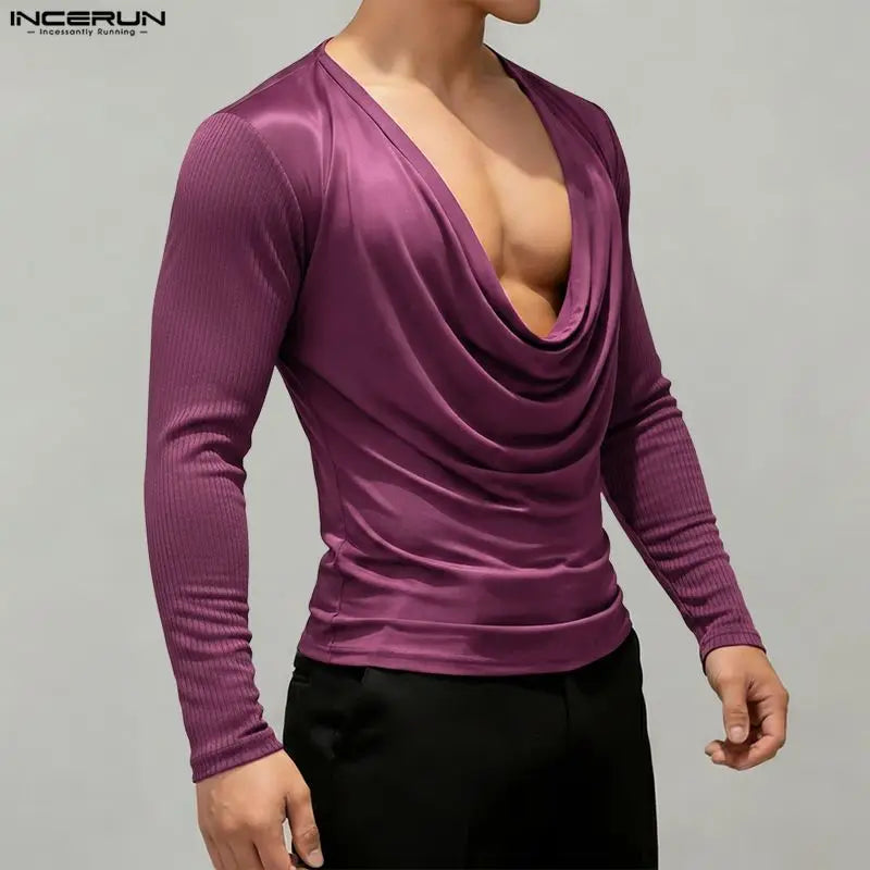INCERUN Men T Shirt Satin Patchwork Long Sleeve Casual Male Tee Tops Streetwear 2026 Pleated Fashion Party Leisure Men Clothing