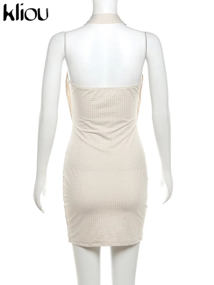 kliou Rhinestones Women Mini Dresses Fashion Halter Stunning Swinging Neck Backless Classic Slim Vestidos Girls Party Clubwear
