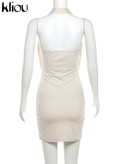 kliou Rhinestones Women Mini Dresses Fashion Halter Stunning Swinging Neck Backless Classic Slim Vestidos Girls Party Clubwear