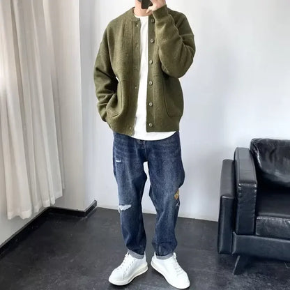 Knitted Cardigan Men Single Breasted Sweaters Long Sleeve O Neck Jumpers Solid Button Loose Fit Casual 2025 Winter Outerwear