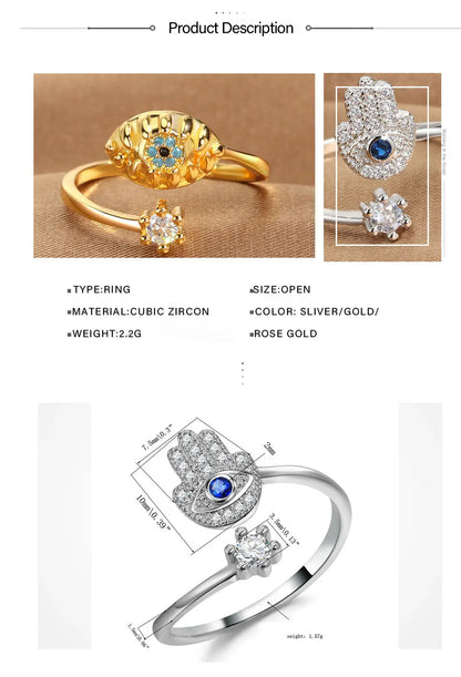 YILUOCD Hamsa Fatima's Hand Open Rings Turkish Blue Cubic Zircon Evil Eye Ring Protection Amulet Islamic Jewish Jewelry