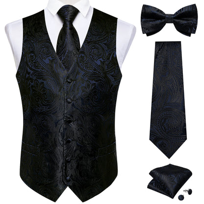 Men's Black Solid Paisley Suit Vest with Necktie Bow Tie Handkerchief Cufflinks Formal Waistcoat for Wedding Prom Tuxedo