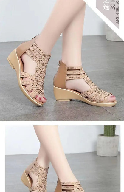 Real Soft Leather Roman Sandals Women's Chunky Heel Mom Shoes Fashion Outerwear Women's Sandals Wedge Women's Shoes 2023