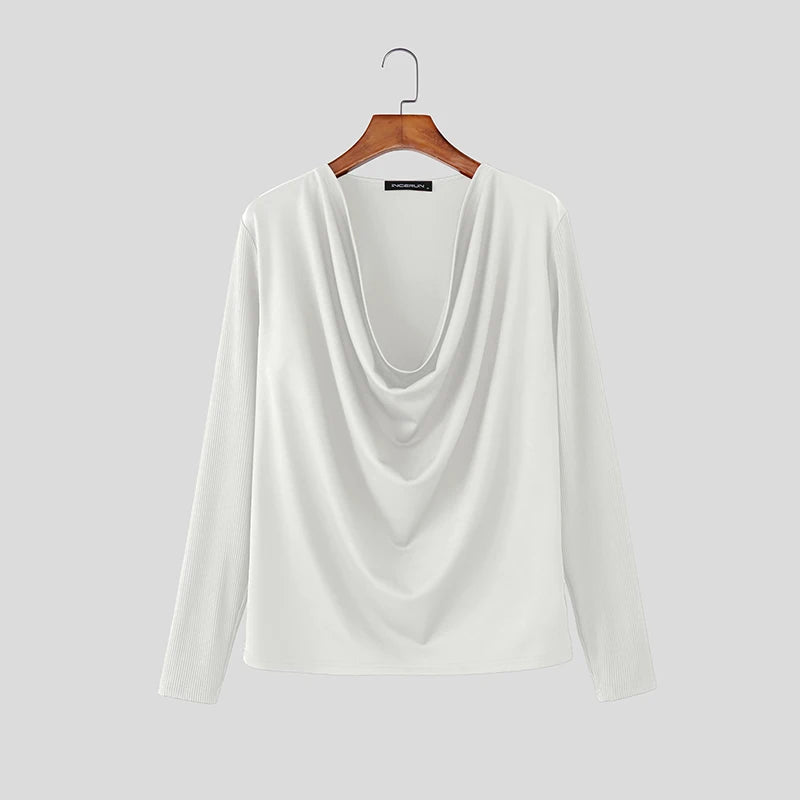 INCERUN Men T Shirt Satin Patchwork Long Sleeve Casual Male Tee Tops Streetwear 2026 Pleated Fashion Party Leisure Men Clothing