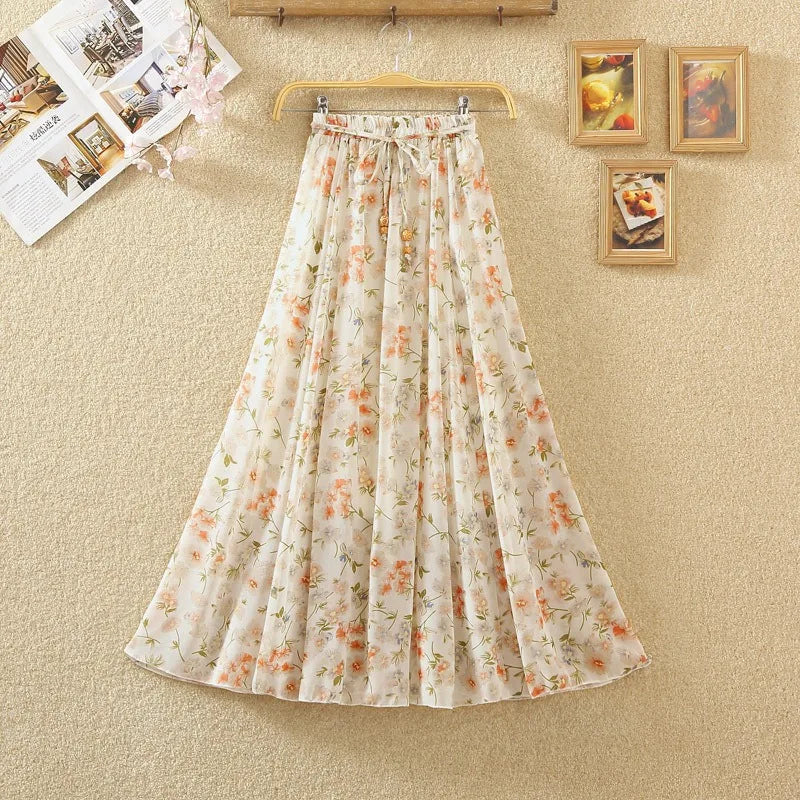 Elegant Chiffon Long Skirts For Women Autumn Casual Women's Floral Print Maxi Skirt Female High Waist Elastic A-Line Skirts