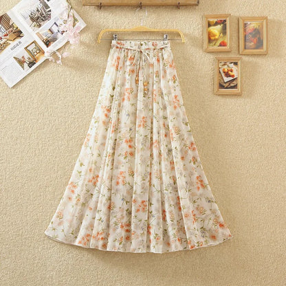 Elegant Chiffon Long Skirts For Women Autumn Casual Women's Floral Print Maxi Skirt Female High Waist Elastic A-Line Skirts