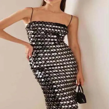High quality sequin luxury suspender women girl dress, banquet annual party meeting dresses skirt Strap Sleeveless Skinny Shiny