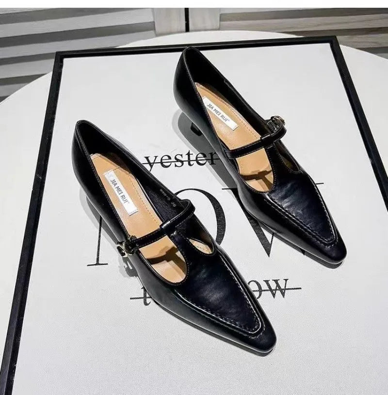 2026 Woman Fashion Pointed Toe Buckle Shoes Apricot Retro Kawaii Solid Female Shoes Flats Casual Shallow Mouth Mary Jane Shoes