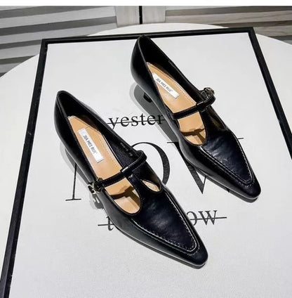 2026 Woman Fashion Pointed Toe Buckle Shoes Apricot Retro Kawaii Solid Female Shoes Flats Casual Shallow Mouth Mary Jane Shoes