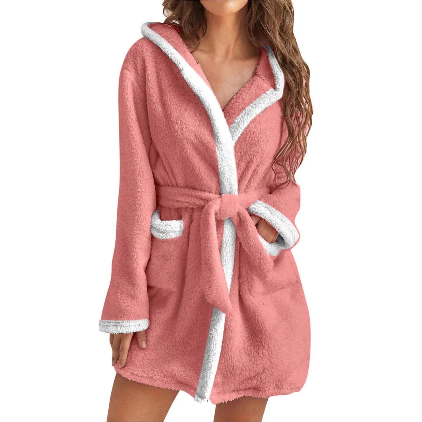 Women Coral Fleece Bathrobe Autumn And Winter Home Warm Sleepwear Casual Solid Color Matching Shower Robes Hooded Kimono Robe