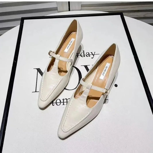 2026 Woman Fashion Pointed Toe Buckle Shoes Apricot Retro Kawaii Solid Female Shoes Flats Casual Shallow Mouth Mary Jane Shoes
