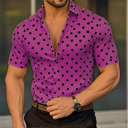 New Men's Short Sleeve Button Shirt Polka Dot Lapel Fashion Design Casual Lightweight Breathable Comfortable Outdoor Men Clothes