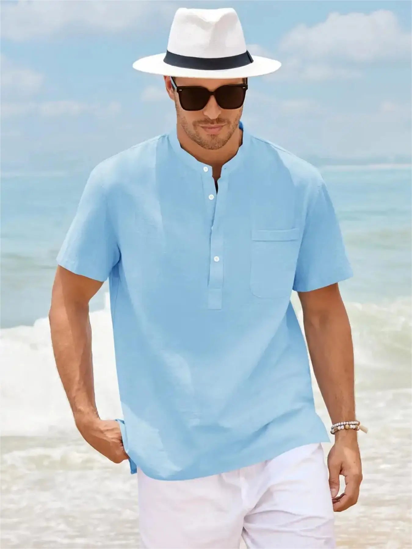 Men's Plus Size Cotton Linen Shirt with Pocket Casual Polo Shirt  Short Sleeve Shirts  Summer Lightweight Beach Tops