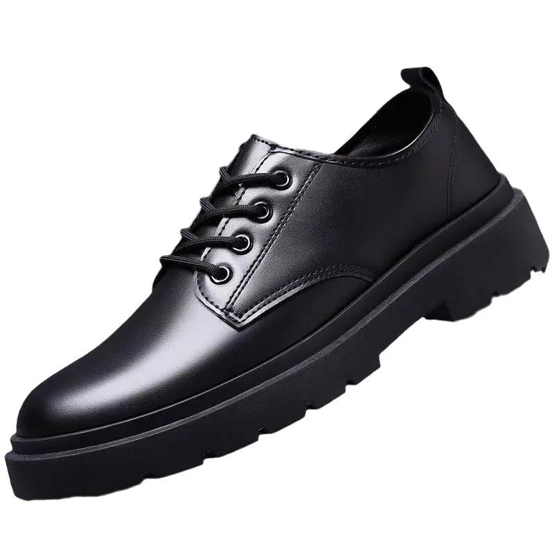 Men's Casual Leather Shoes Thick Bottom Leisure Trendy British Style Winter New Arrival Breathable round Toe Low Heel