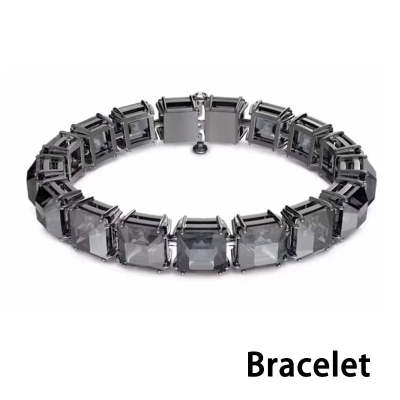 Original 2026 New Black Crystal Geometry Necklace Fine Jewelry Set Open Ring Necklace Earring Charms Black Jewelry for Women
