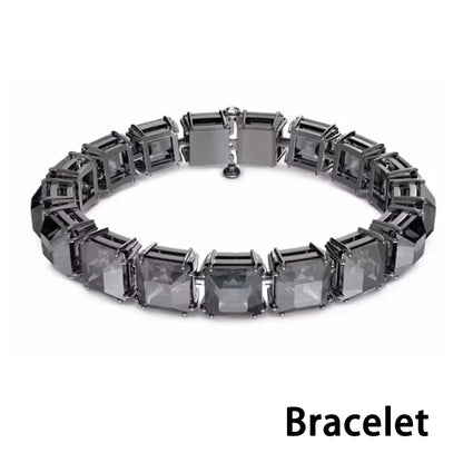 Original 2026 New Black Crystal Geometry Necklace Fine Jewelry Set Open Ring Necklace Earring Charms Black Jewelry for Women