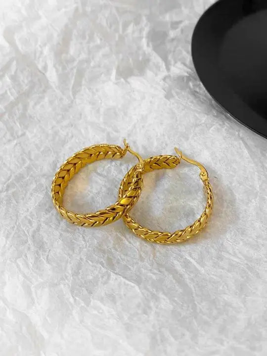 ANENJERY 316L Stainless Steel Gold Color Wheat Hoop Earrings for Women Luxtry Geometric Jewelry Festival Gift