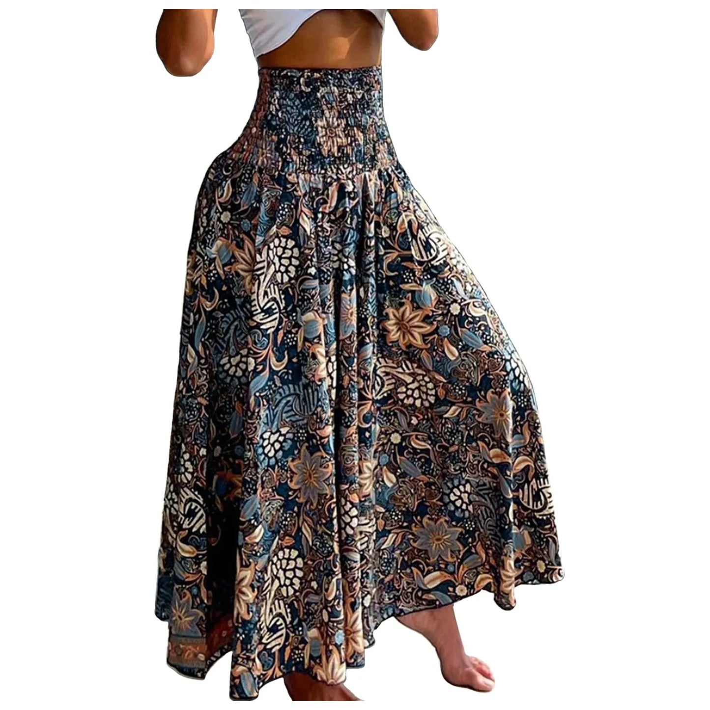 Women Vintage Floral Print Boho Skirt 2024 Summer Casual Loose Pleated Long Skirt Elegant Female High Elastic Waist Maxi Skirts