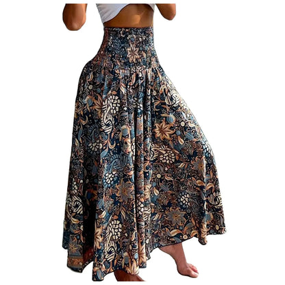 Women Vintage Floral Print Boho Skirt 2024 Summer Casual Loose Pleated Long Skirt Elegant Female High Elastic Waist Maxi Skirts