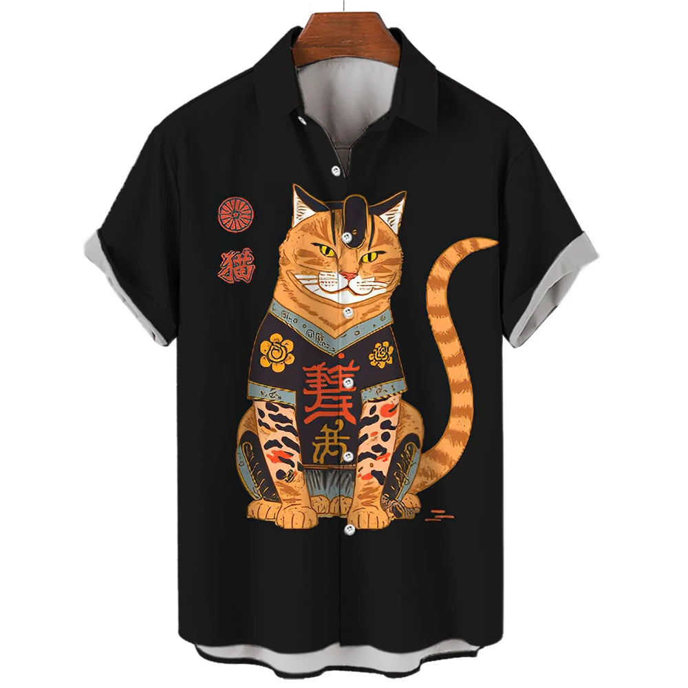 Casual Hawaiian Shirt Man Japanese Bushido 3d Pattern Shirt Men's Shirts Cartoon Animal Cat 3d Printing Men's Shirt Men Clothing
