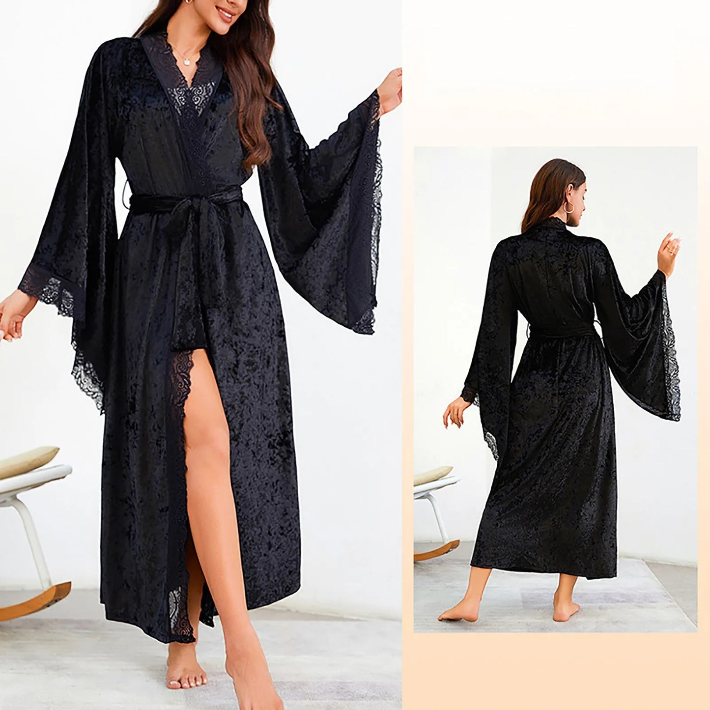 Women's Lace Velvet Bathrobe Breathable Nightgown Kimono Home Clothes Flare Sleeve Night Long Robe Female Sleepwear Homewear