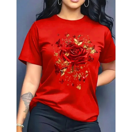Women's Casual Short-sleeved Round Neck T-shirt - Bright Butterfly and Rose Pattern Print, Spring and Summer Women's T-shirt