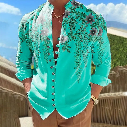 New men's flower pattern 3D printed shirt, high-quality and fashionable casual long sleeved shirt, lapel top