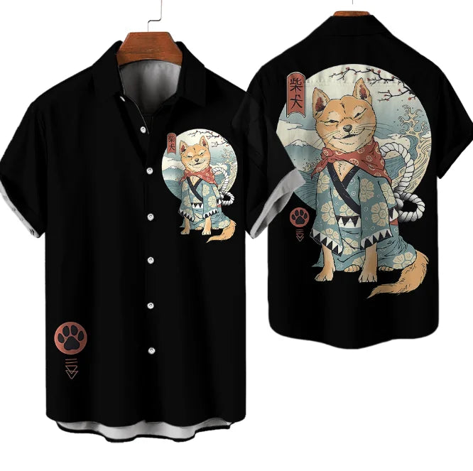 Casual Hawaiian Shirt Man Japanese Bushido 3d Pattern Shirt Men's Shirts Cartoon Animal Cat 3d Printing Men's Shirt Men Clothing
