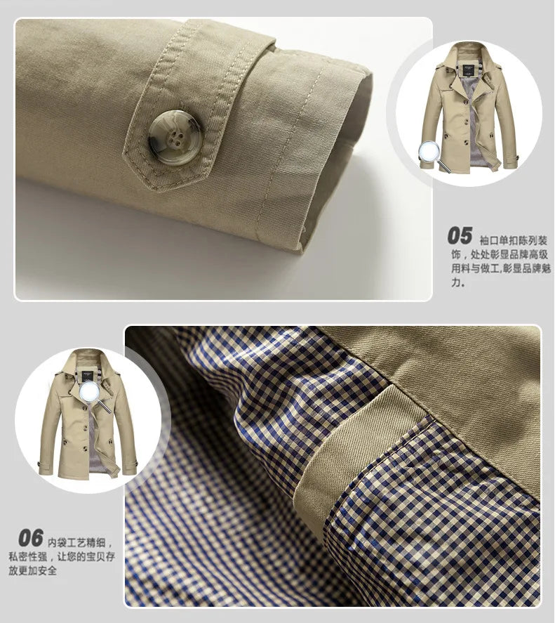 Men's Spring and Autumn New Fashion Casual Cotton Trench Coat, Solid Color Lapel Single-breasted Mid-long Splicing Trench Coat