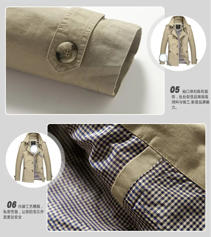 Men's Spring and Autumn New Fashion Casual Cotton Trench Coat, Solid Color Lapel Single-breasted Mid-long Splicing Trench Coat