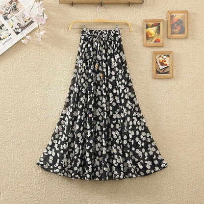 Elegant Chiffon Long Skirts For Women Autumn Casual Women's Floral Print Maxi Skirt Female High Waist Elastic A-Line Skirts