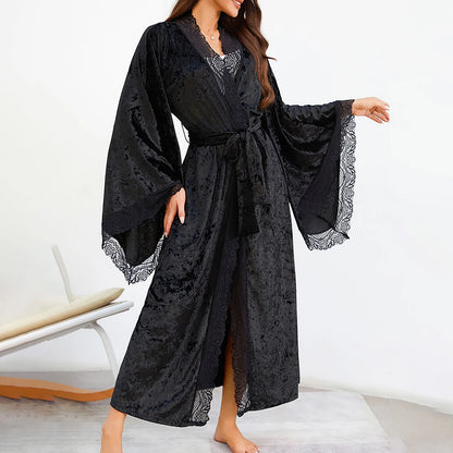 Women's Lace Velvet Bathrobe Breathable Nightgown Kimono Home Clothes Flare Sleeve Night Long Robe Female Sleepwear Homewear