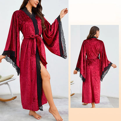 Women's Lace Velvet Bathrobe Breathable Nightgown Kimono Home Clothes Flare Sleeve Night Long Robe Female Sleepwear Homewear